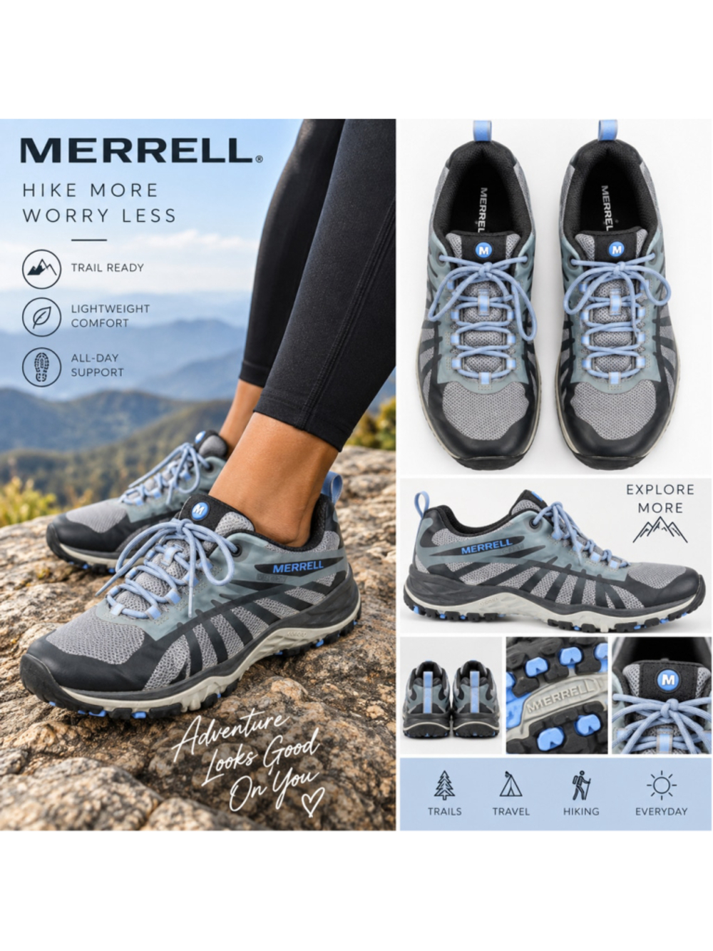 Merrell Siren Edge Q2 Women’s Hiking Trail Shoes Gray Blue Size 9